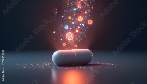 A glowing white capsule emits vibrant colorful particles and symbols into the dark air