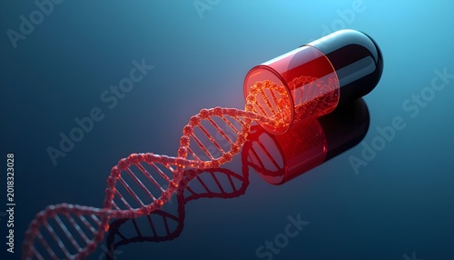A glowing red DNA helix emerging from a transparent medical capsule on a dark blue background