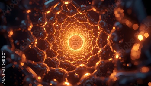A vibrant and dramatic glowing orange network with a bright central light surrounded by a dark abstract background