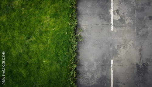 Aerial view of a contrasting landscape with lush green grass and a gray asphalt road with a white line