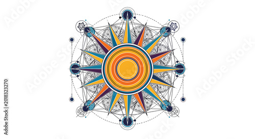 фотографія Intricate geometric design with a central sun-like motif surrounded by complex sacred geometry patterns and radiating lines