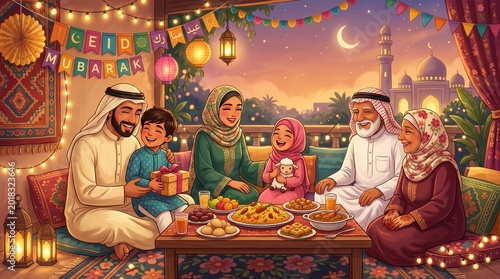 Happy Muslim Family Enjoying Eid Dinner Celebration Together
