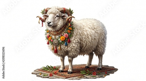 White Eid Sheep Decorated With Colorful Festival Accessories
