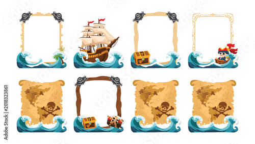 Pirate Theme Frames: A collection of nautical-themed decorative frames featuring pirate ships, treasure chests, maps, and crashing waves, perfect for creating an adventurous feel.