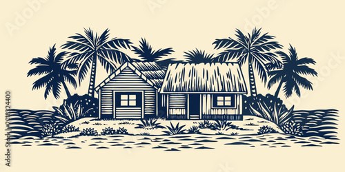 Tableau sur toile Tropical beach hut illustration with palm trees and thatched roof