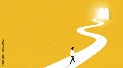 目標や未来に向かって歩く男性をイメージしたイラスト　生成AI素材　黄色の背景