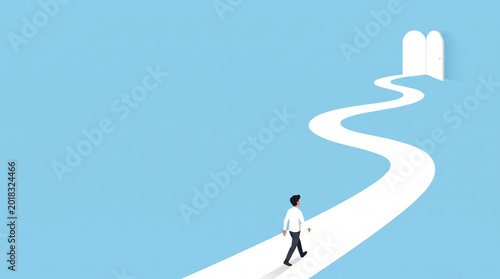 目標や未来に向かって歩く男性をイメージしたイラスト　生成AI素材　水色の背景