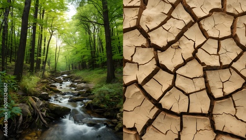 A split image contrasting a serene forest with a stream and a dry, cracked earth landscape.