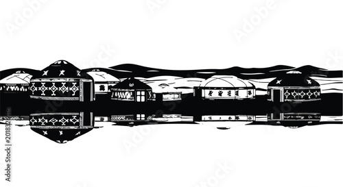 Traditional nomadic dwellings reflected in calm water under a vast sky.