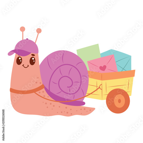 Schilderij op canvas Snail Mail Delivery Vector, Cute Cartoon Snail Pulling Cart with Envelopes