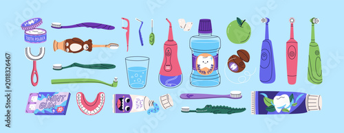 Dental and oral hygiene tools, teeth care stuff set. Tooth and mouth cleaning...