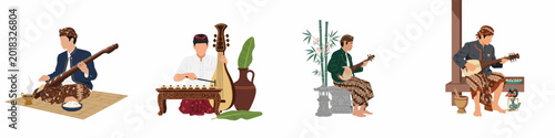Schilderij op canvas Illustrations of men in traditional Indonesian attire playing ethnic musical instruments like the kacapi, rebab, and lute against a white background