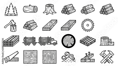 Set of monochrome hand drawn woodworking and forestry icons.