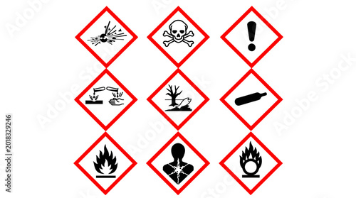 Set of Nine Global Harmonized System Chemical Hazard Warning Pictograms.