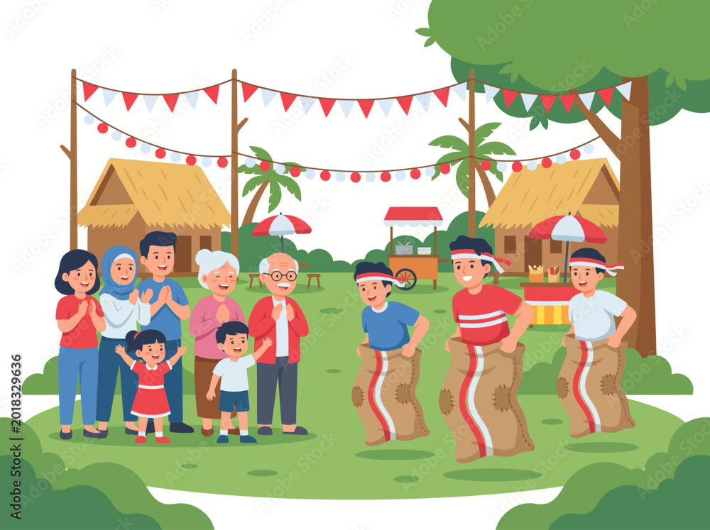 Fototapeta premium Indonesian Family Celebrating Independence Day with Traditional Sack Race Game and Festive Village Decorations
