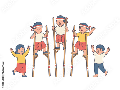 Obraz na płótnie Illustration of happy Indonesian children playing traditional Egrang wooden stil