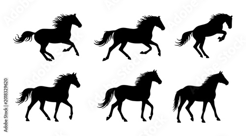 Billede på lærred Six Silhouette Horse Poses Vector Set, Galloping and Standing Equine Graphics, B
