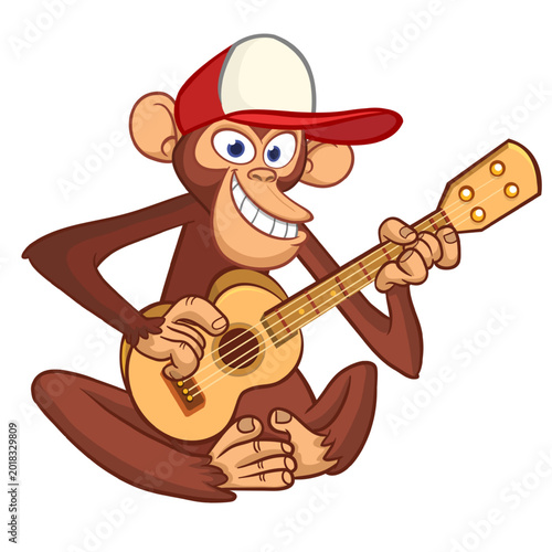 Photography Cartoon funny brown monkey chimpanzee sitting and playing  electric guitar or ukulele