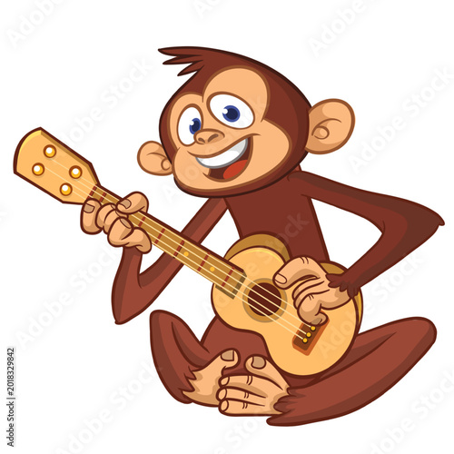 Photography Cartoon funny brown monkey chimpanzee sitting and playing  electric guitar or ukulele
