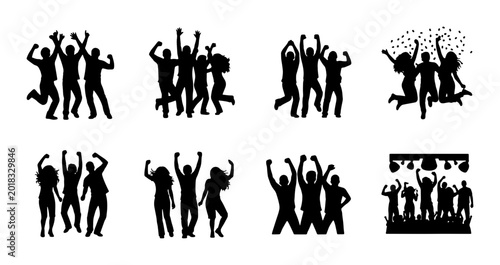 Joyful Celebration Silhouettes, Group Dancing Vector Icons, People Cheering Crowd, Festive Party Figures, Dynamic Celebration Graphics