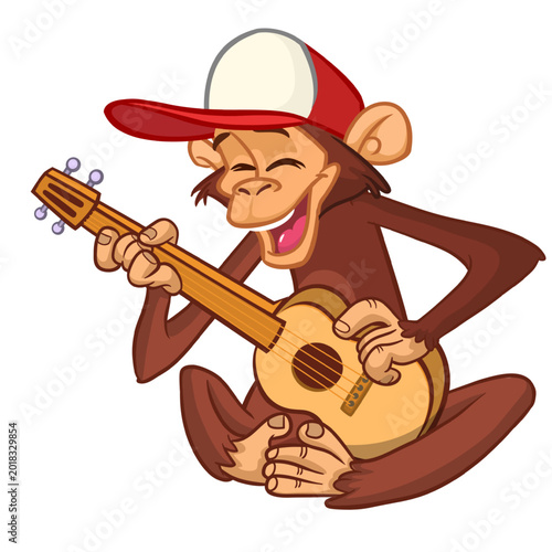 Canvas Print Cartoon funny brown monkey chimpanzee sitting and playing  electric guitar or ukulele