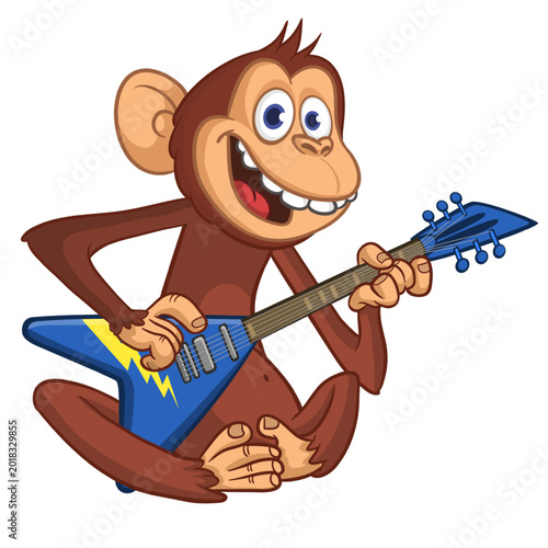 Photography Cartoon funny brown monkey chimpanzee sitting and playing  electric guitar or ukulele