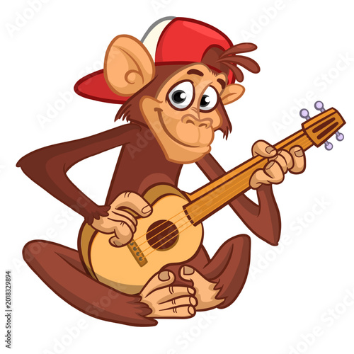 Photography Cartoon funny brown monkey chimpanzee sitting and playing  electric guitar or ukulele