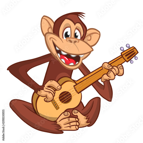 Photography Cartoon funny brown monkey chimpanzee sitting and playing  electric guitar or ukulele