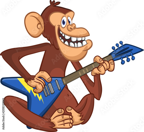 Photography Cartoon funny brown monkey chimpanzee sitting and playing  electric guitar or ukulele