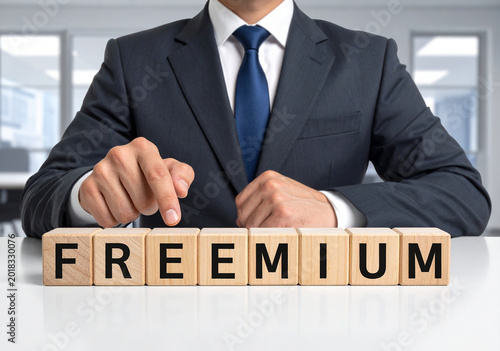 Freemium - Geschäftsmann zeigt auf den Text 