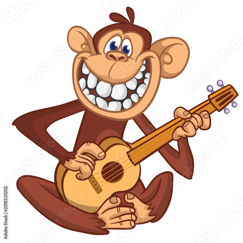 Photography Cartoon funny brown monkey chimpanzee sitting and playing  electric guitar or ukulele