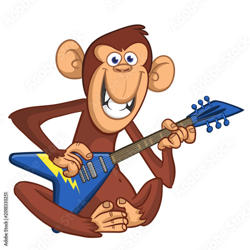 Photography Cartoon funny brown monkey chimpanzee sitting and playing  electric guitar or ukulele