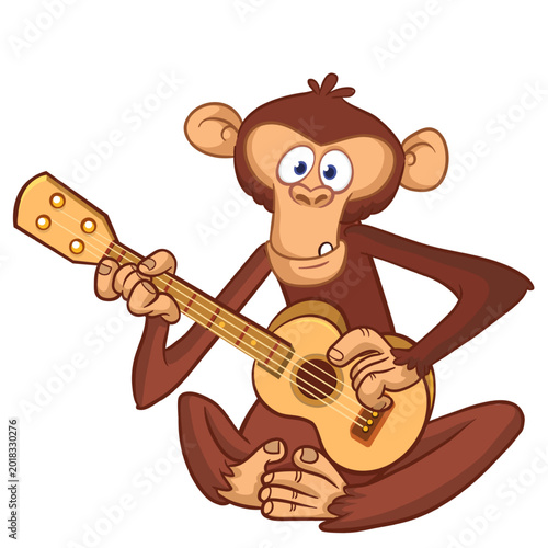 Photography Cartoon funny brown monkey chimpanzee sitting and playing  electric guitar or ukulele