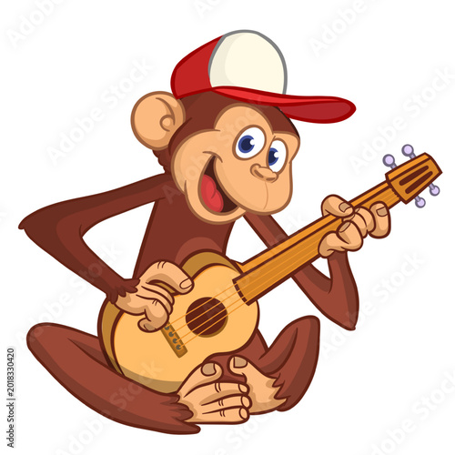 Photography Cartoon funny brown monkey chimpanzee sitting and playing  electric guitar or ukulele