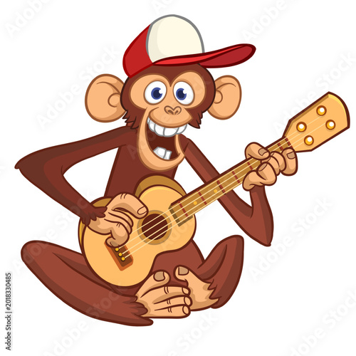 Photography Cartoon funny brown monkey chimpanzee sitting and playing  electric guitar or ukulele