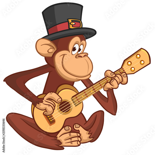 Photography Cartoon funny brown monkey chimpanzee sitting and playing  electric guitar or ukulele