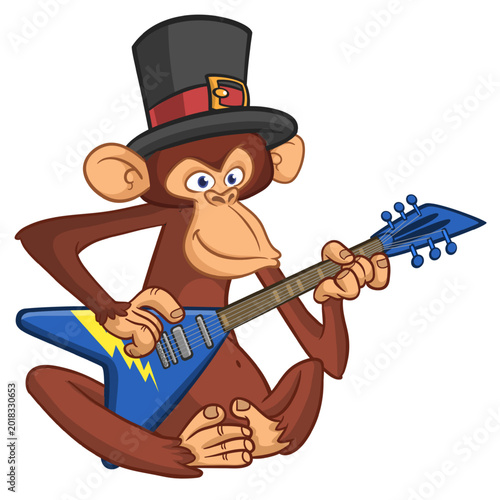 Photography Cartoon funny brown monkey chimpanzee sitting and playing  electric guitar or ukulele wearing top hat