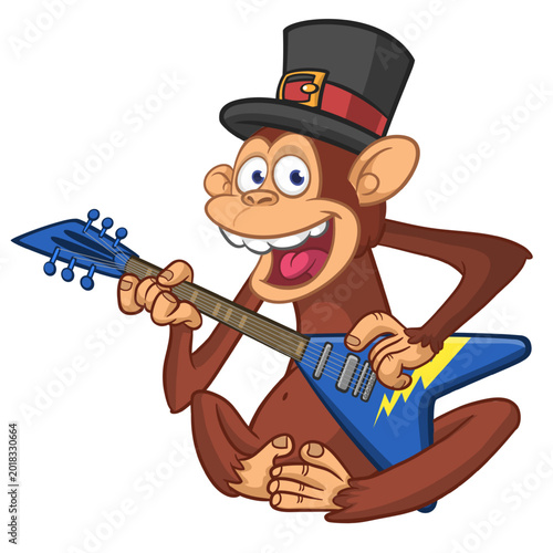 Photography Cartoon funny brown monkey chimpanzee sitting and playing  electric guitar or ukulele wearing top hat