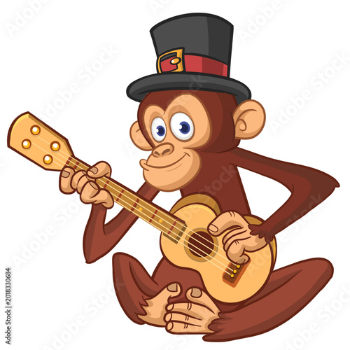 Photography Cartoon funny brown monkey chimpanzee sitting and playing  electric guitar or ukulele wearing top hat