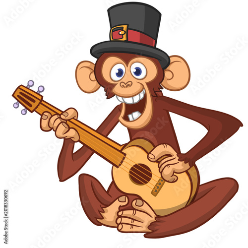 Canvas Print Cartoon funny brown monkey chimpanzee sitting and playing  electric guitar or ukulele wearing top hat
