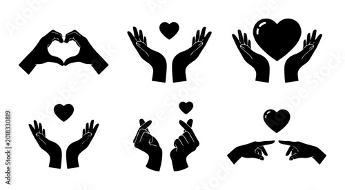 Canvas Print Set of Six Black Silhouette Hand Gestures with Hearts, Love and Care Icons, Roma