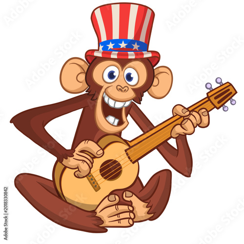 Canvas Print Cartoon funny brown monkey chimpanzee sitting and playing  electric guitar or ukulele wearing Uncle Sam Hat