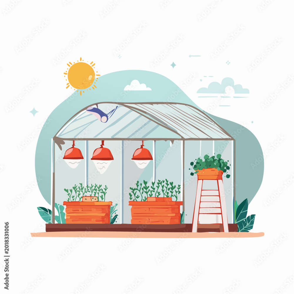 Obraz premium Greenhouse with plants and sun illustration