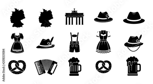 Quadro su tela German Culture Icons Set: Oktoberfest Symbols, Traditional Clothing, Landmarks,