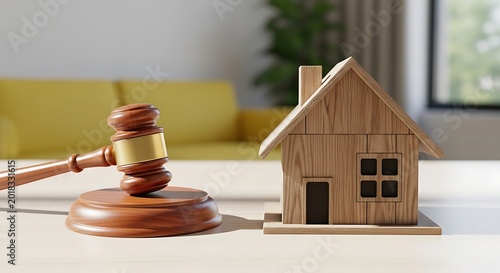 Wooden gavel and miniature house on a table, symbolizing real estate law and property decisions.