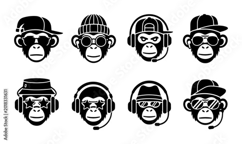 Photography Modern Monkey Icons Set: Urban Hip Hop & DJ Styles, Black & White Vector Graphic