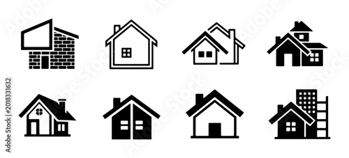Set of 8 Diverse House and Building Icons, Real Estate Symbols, Residential Architecture Graphics, Property Icons, Home Vector Collection