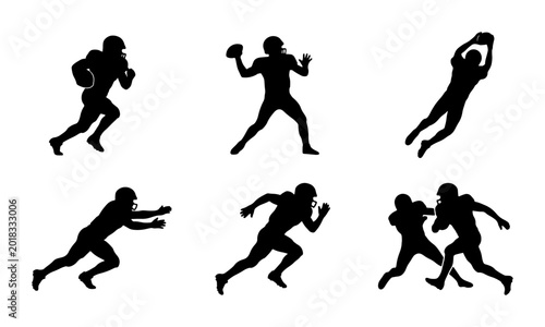 Cuadro en lienzo American Football Player Silhouettes, Action Poses Vector Set: Running, Throwing