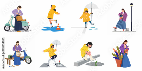 Bild auf Leinwand Flat illustration collection of a woman with a scooter and a young girl in a yellow raincoat playing in rainy weather scenes