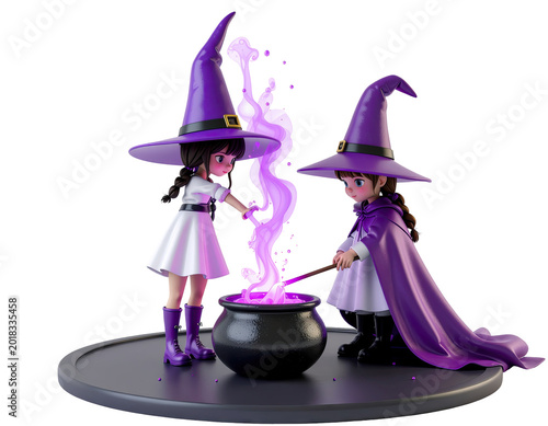 Two young witches brewing a purple potion in a cauldron
